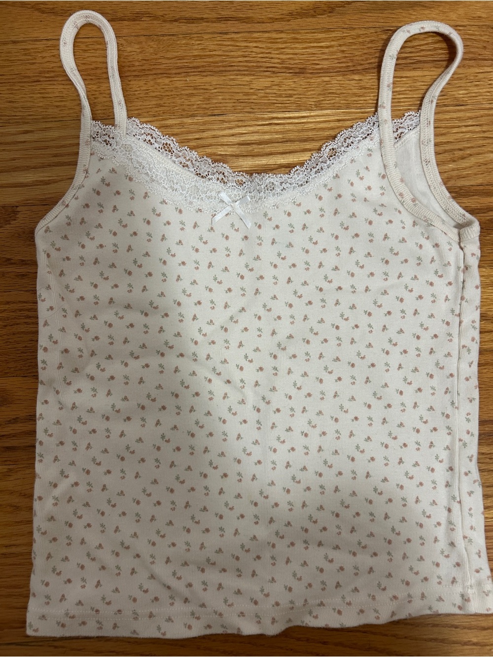 Brandy Melville cream cotton tank top with lace trim and small floral print